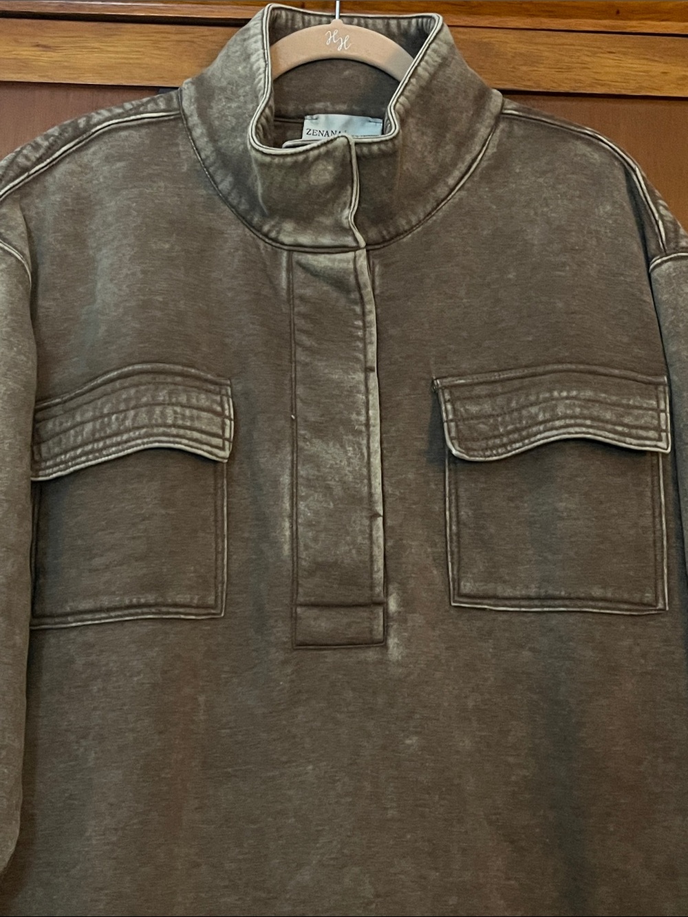 Zenana Acid Washed Brown Snap Mock-Neck Pullover Sweatshirt w/Flap Chest Pockets - Picture 5 of 12